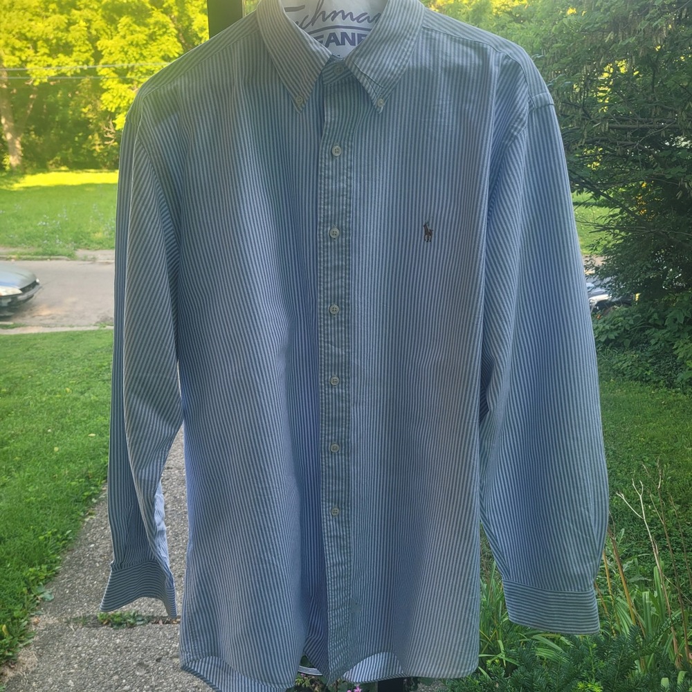 Men's Polo Ralph Lauren Long Sleeve Button Down Blue And White Size L